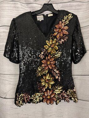 Vintage Stenay Black Sequin Floral Beaded Short Sleeve Top S